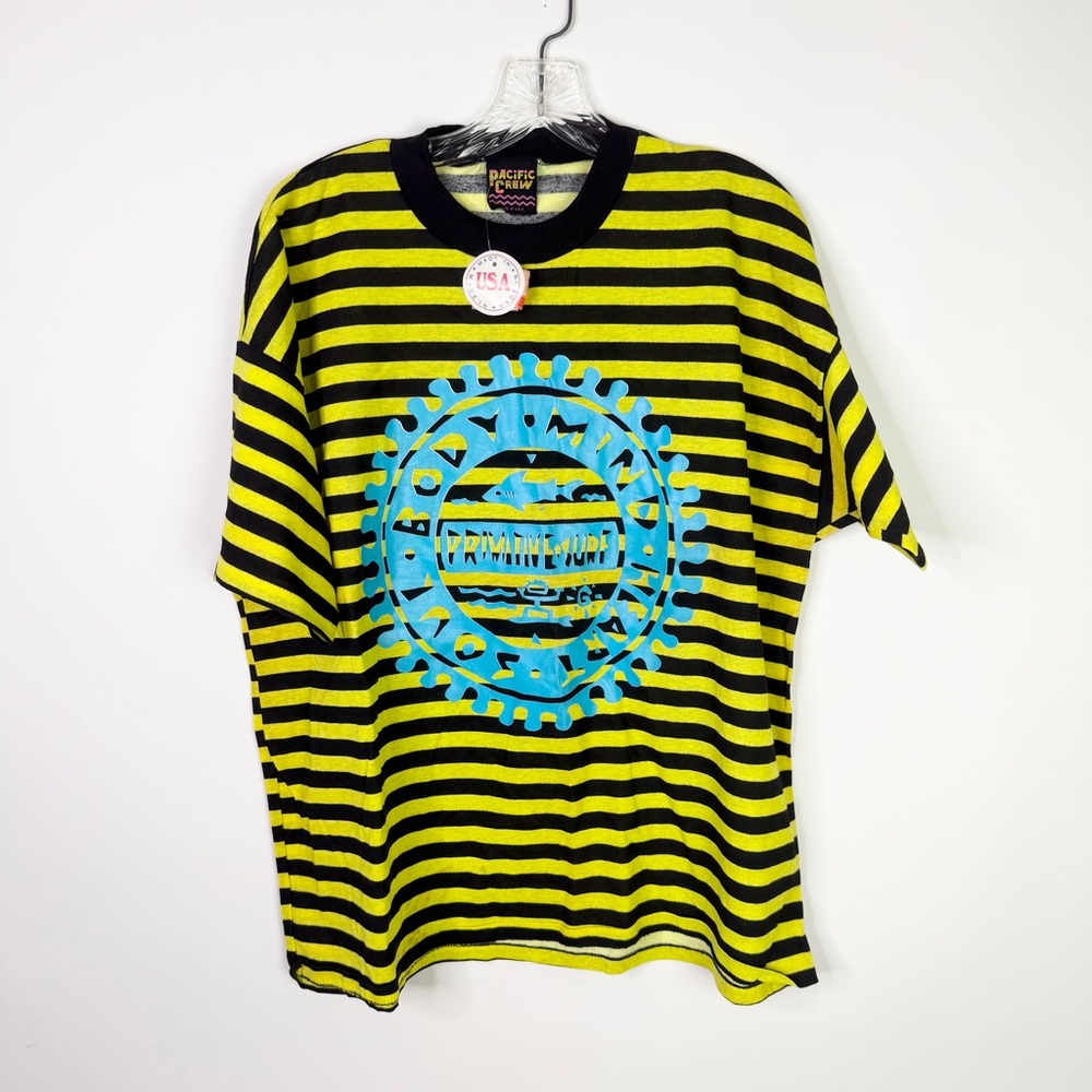 Vintage Pacific Crew Striped Surf T Shirt XL Yellow USA Made Single Stitch
